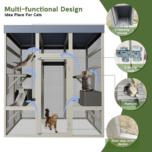 Gray Wooden Outdoor Catio Pet Enclosure – Waterproof Cat House & Small Mavia
