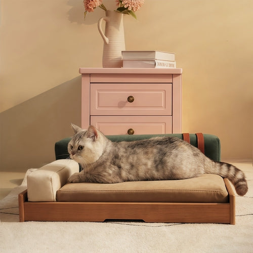 Modern Wooden Pet Bed for Cats & Dogs – Oak Veneer Frame with Mavia
