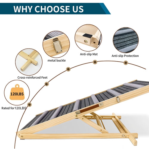 Adjustable Dog Ramp for Couch & Sofa – Solid Wood Pet Steps with 6 Mavia