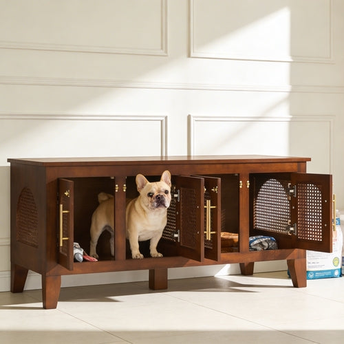 Rattan Wooden Dog Crate Cabinet with Storage – Indoor Rubber Wood Pet Mavia
