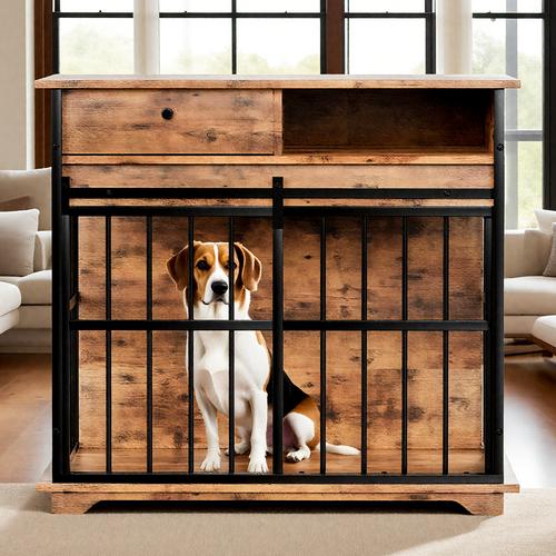 Modern Wooden Dog Crate Furniture with Tray, Large Indoor Pet Kennel Mavia