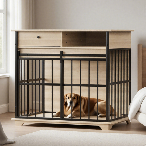Modern Wooden Dog Crate Furniture with Tray, Large Indoor Pet Kennel Mavia