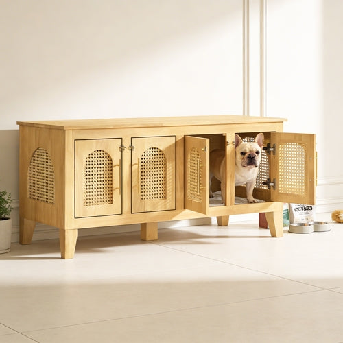 Rattan Wooden Dog Crate Cabinet with Storage – Indoor Rubber Wood Pet Mavia