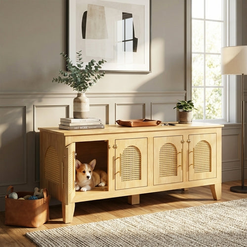 Rattan Wooden Dog Crate Cabinet with Storage – Indoor Rubber Wood Pet Mavia