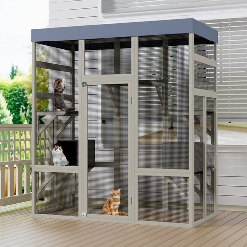 Gray Wooden Outdoor Catio Pet Enclosure – Waterproof Cat House & Small Mavia