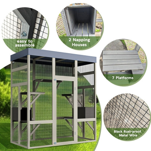 Gray Wooden Outdoor Catio Pet Enclosure – Waterproof Cat House & Small Mavia