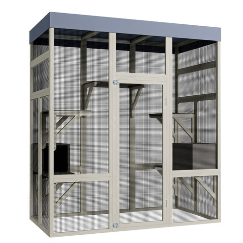 Gray Wooden Outdoor Catio Pet Enclosure – Waterproof Cat House & Small Mavia