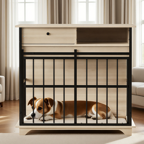 Modern Wooden Dog Crate Furniture with Tray, Large Indoor Pet Kennel Mavia