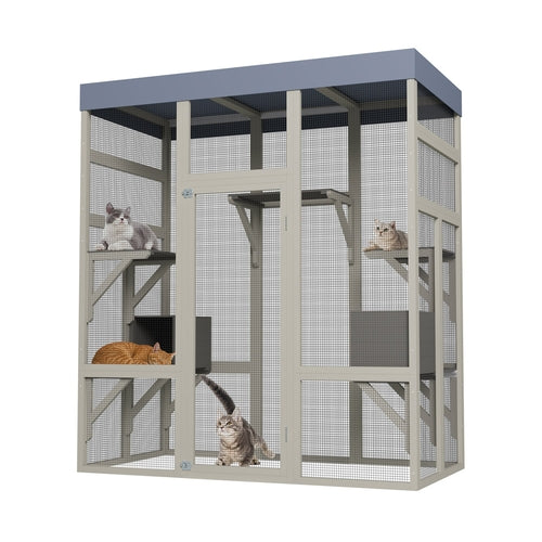 Gray Wooden Outdoor Catio Pet Enclosure – Waterproof Cat House & Small Mavia