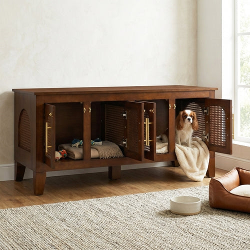 Rattan Wooden Dog Crate Cabinet with Storage – Indoor Rubber Wood Pet Mavia