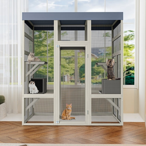 Gray Wooden Outdoor Catio Pet Enclosure – Waterproof Cat House & Small Mavia