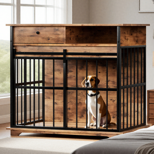 Modern Wooden Dog Crate Furniture with Tray, Large Indoor Pet Kennel Mavia
